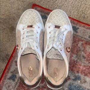 G by Guess White and Tan Logo Sneakers